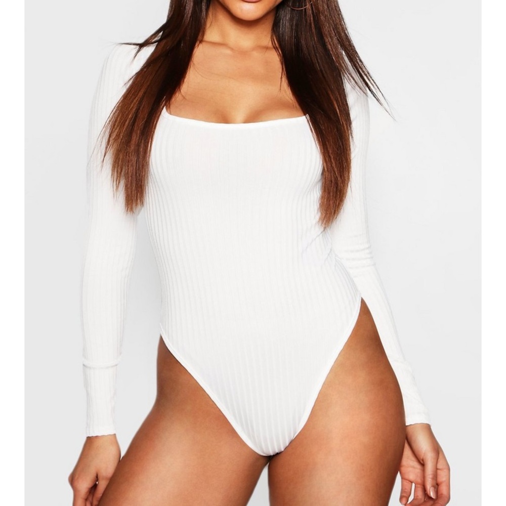 Boohoo Ribbed White Bodysuit